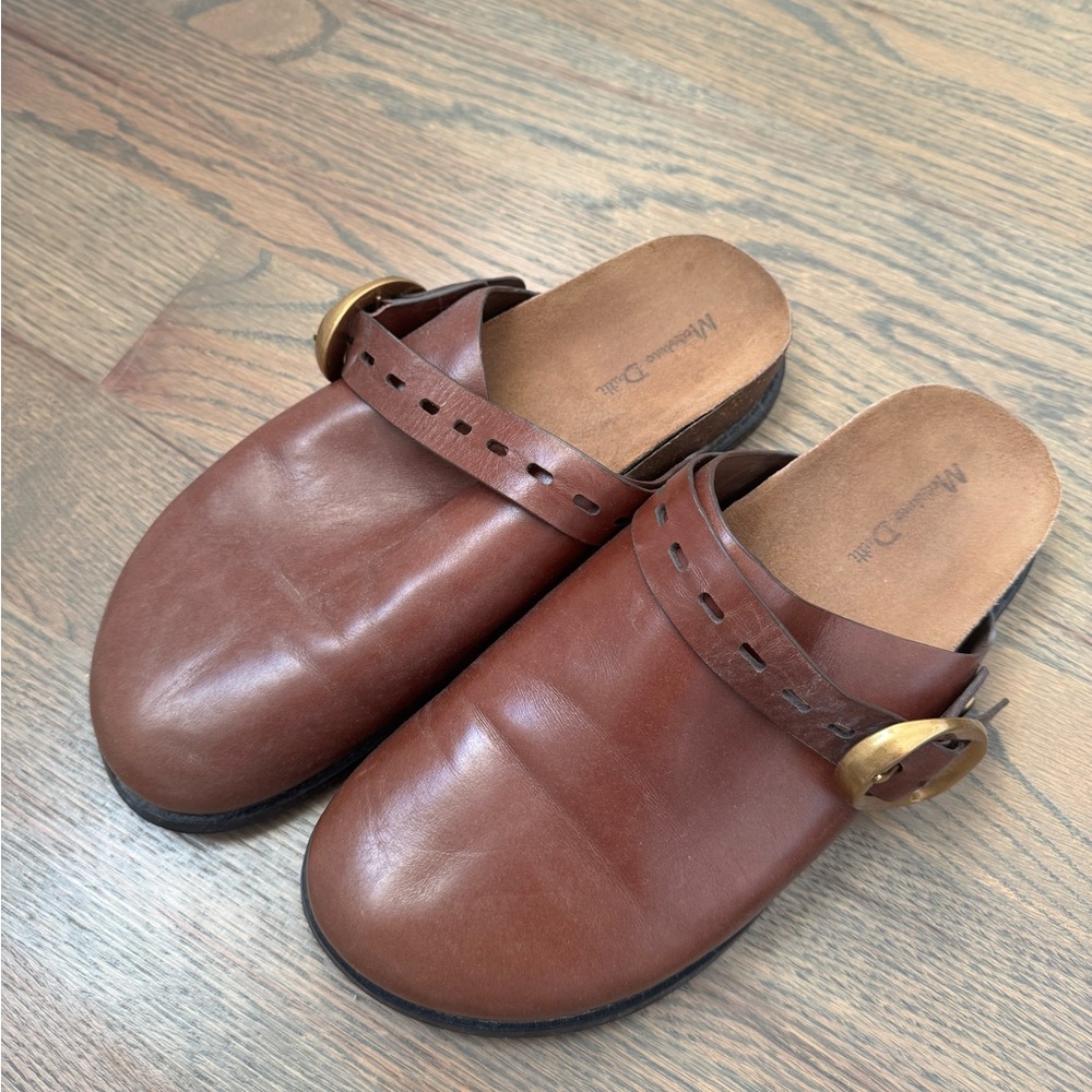 Massimo Dutti Brown Leather Slip-On Clogs with Buckle